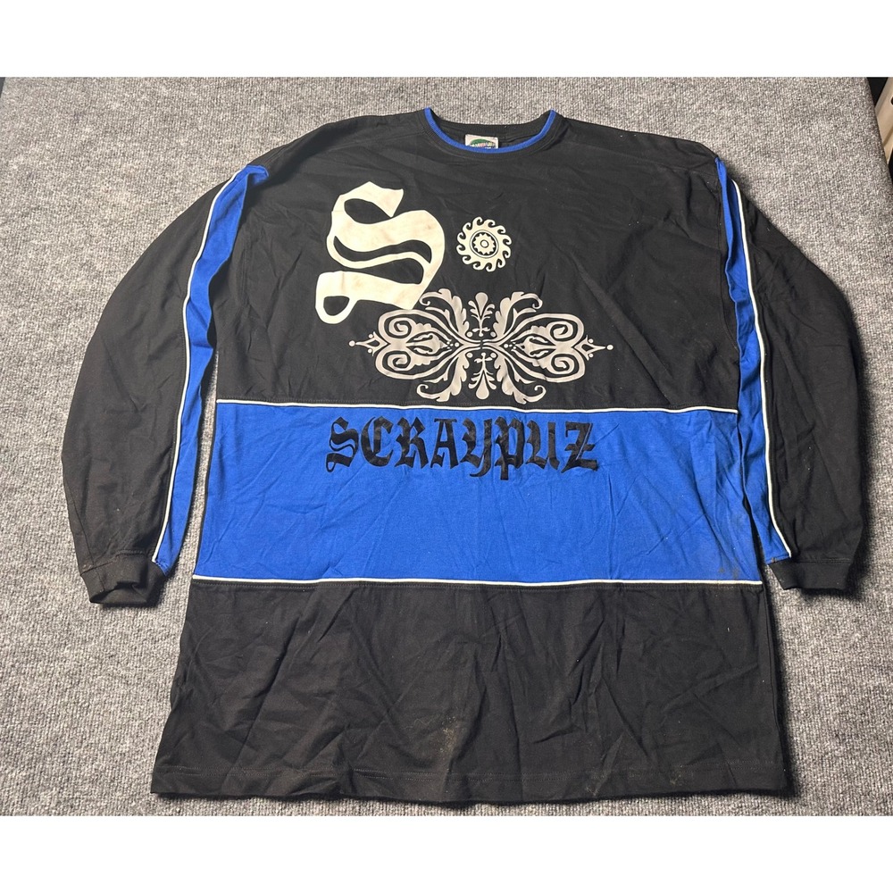 Vintage 90's‎ RARE Scraypuz Long Sleeve Shirt Black Blue Graphic Print Size 2XL